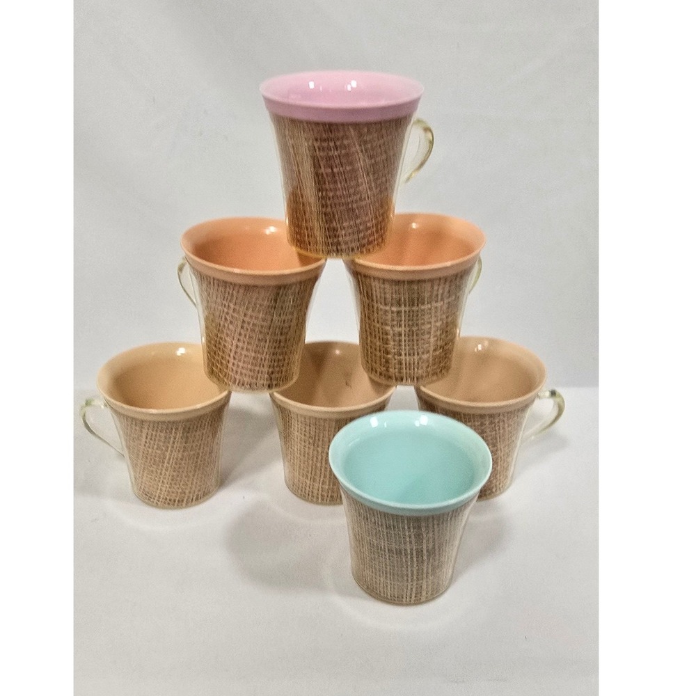Vtg Raffiaware coffee mugs thermal insulated burlap MCM colored w/handles
